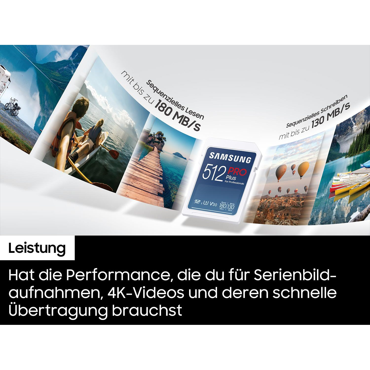 A Samsung 512GB Pro Plus SD card is featured with images of kayaking, hot air balloons, and mountains. Text highlights performance.