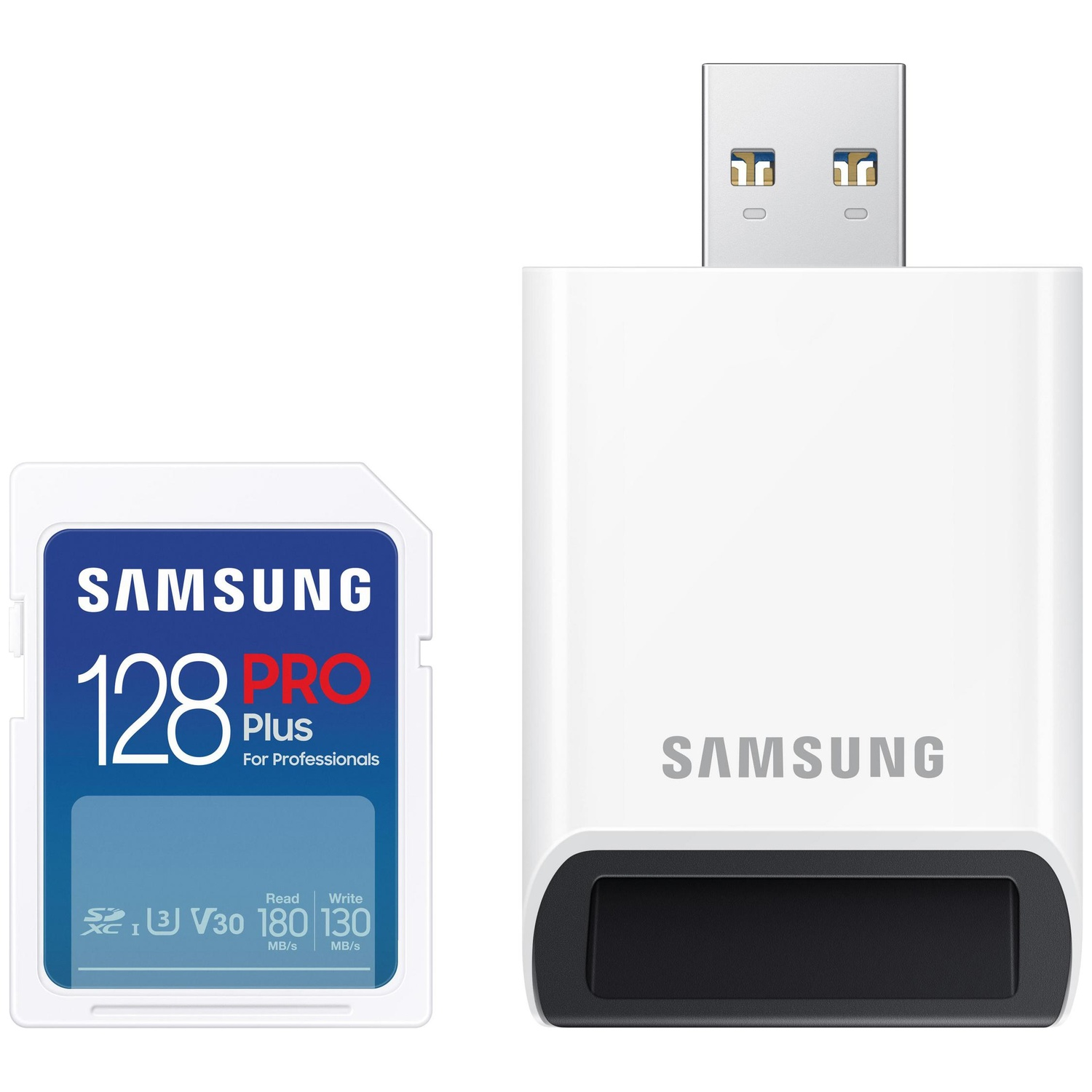 Image shows a white Samsung SD card reader and a Samsung SD card. The card has 128GB, PRO Plus label. White background.