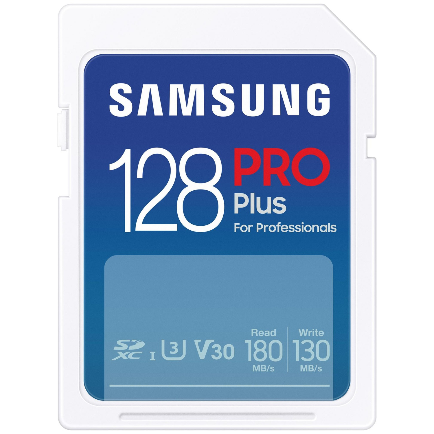 A Samsung 128GB Pro Plus SD card. The card has a white frame with a blue center. It has read/write speeds of 180/130 MB/s.