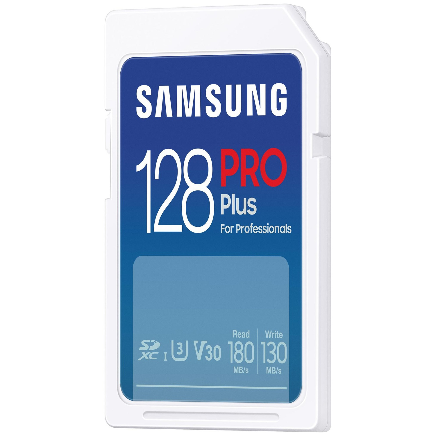 A Samsung 128GB Pro Plus SD card. Features include: V30, 180 MB/s read, 130 MB/s write speeds. The card is white with blue and red text.