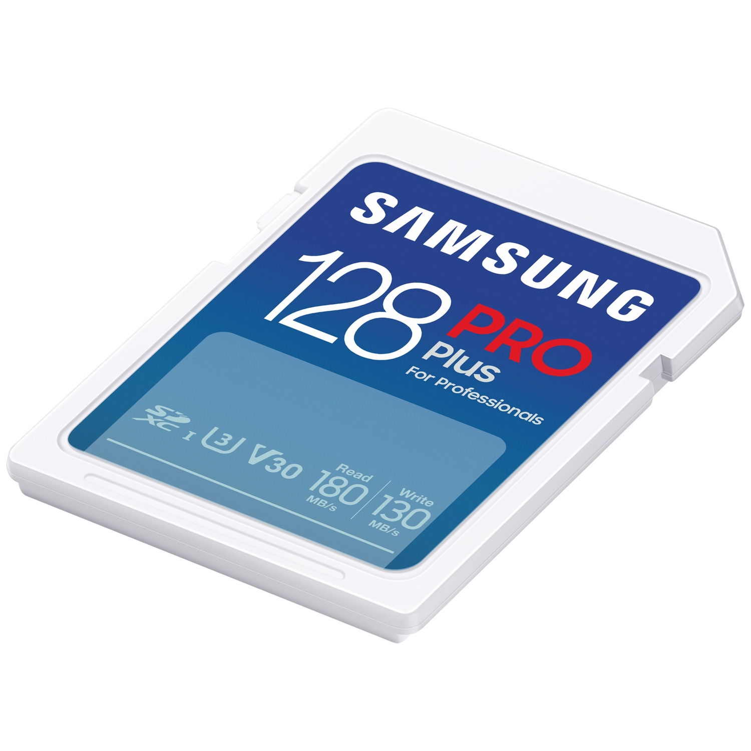 A Samsung 128GB Pro Plus SD card. White body with blue and white text. Shows read/write speeds and V30 rating.