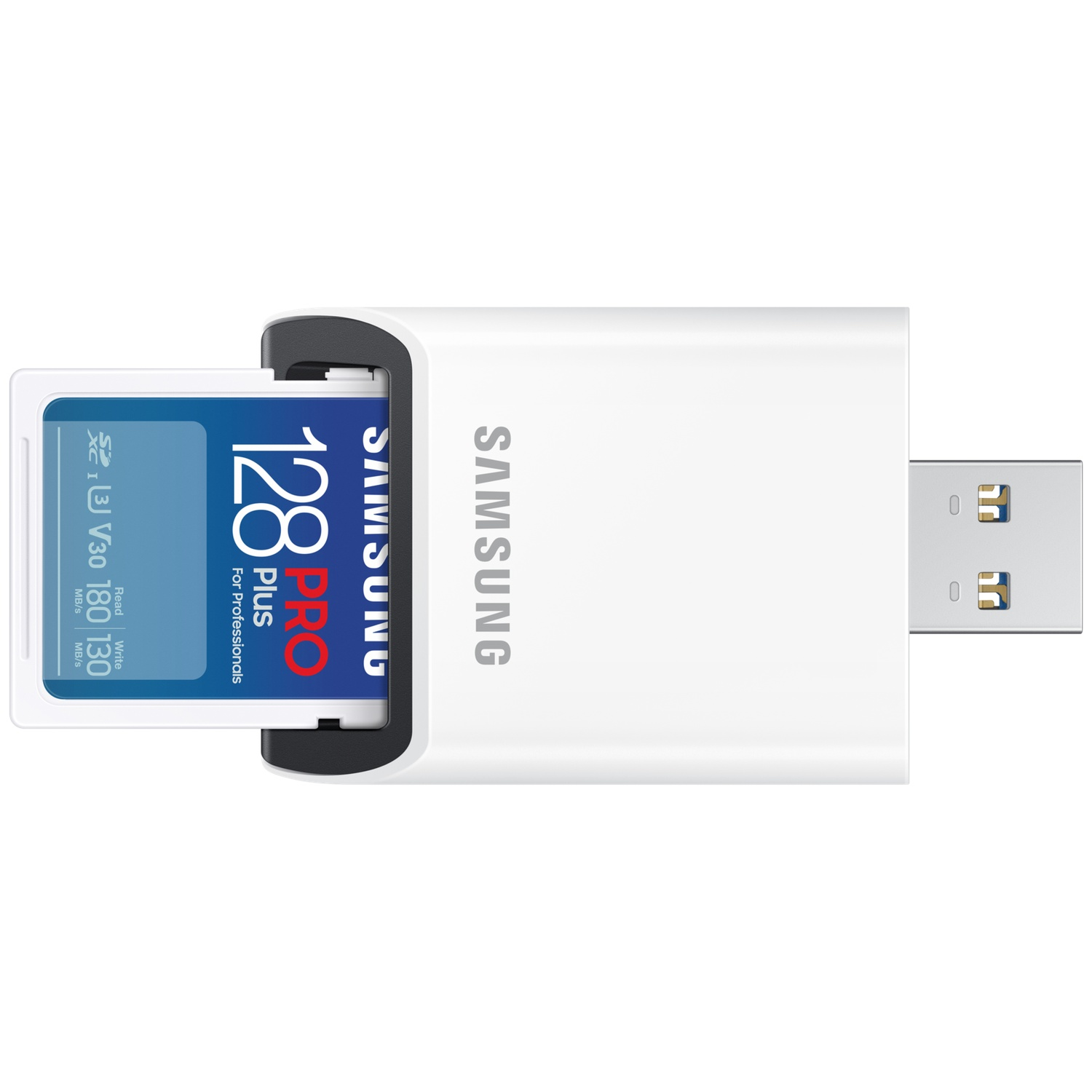 A white USB card reader with a blue and white Samsung 128 GB Pro Plus SD card inserted.  The card is labeled with read/write speeds.