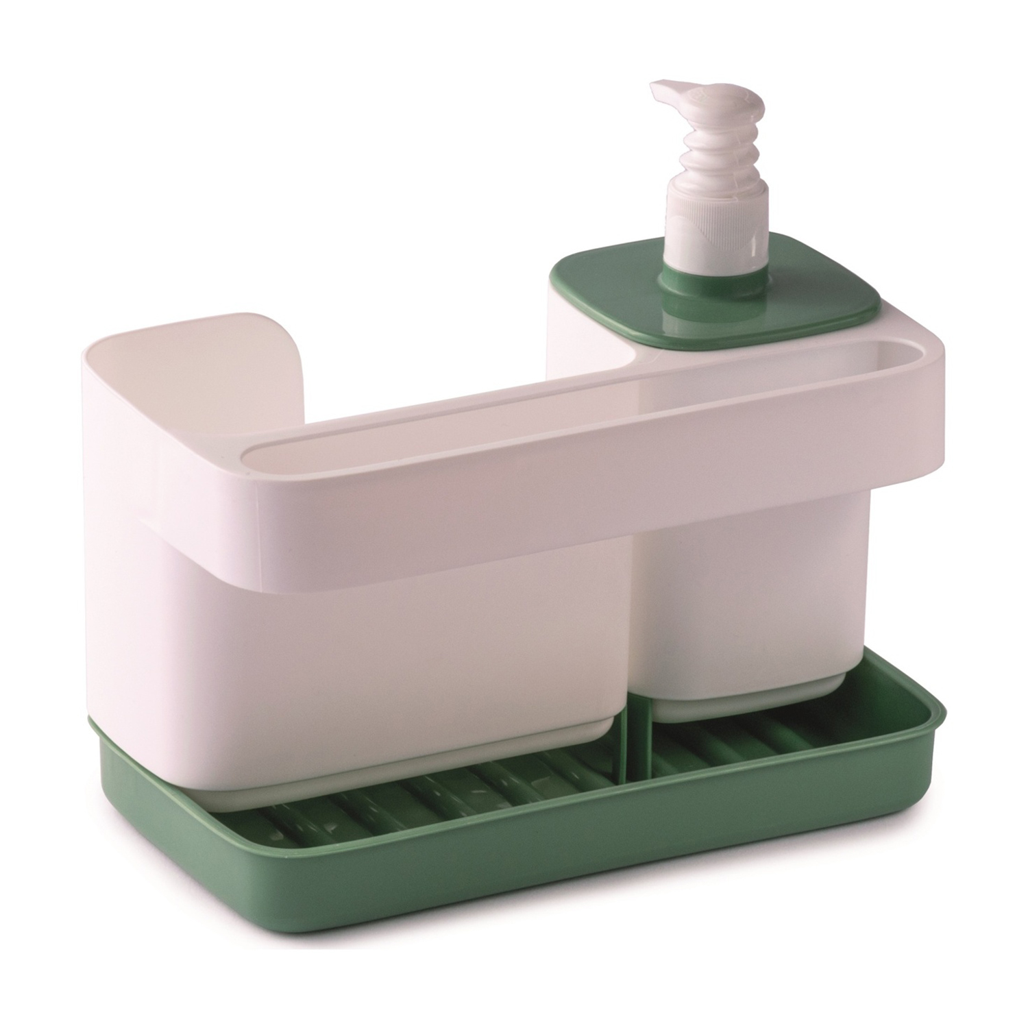 Un organizer da cucina bianco e verde. Ha un dosatore di sapone, un porta spugna e un vassoio.