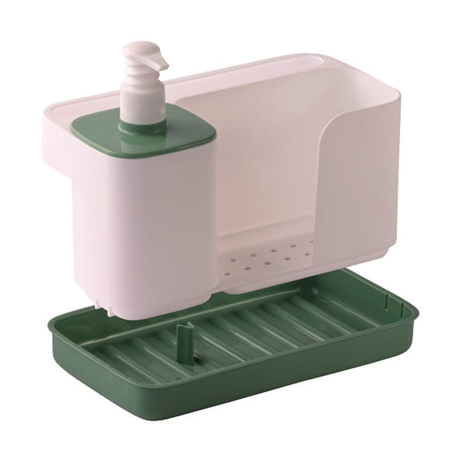 Un organizer per lavello da cucina bianco e verde. Ha un dispenser di sapone, un porta spugna e un vassoio verde per lo scolapiatti.