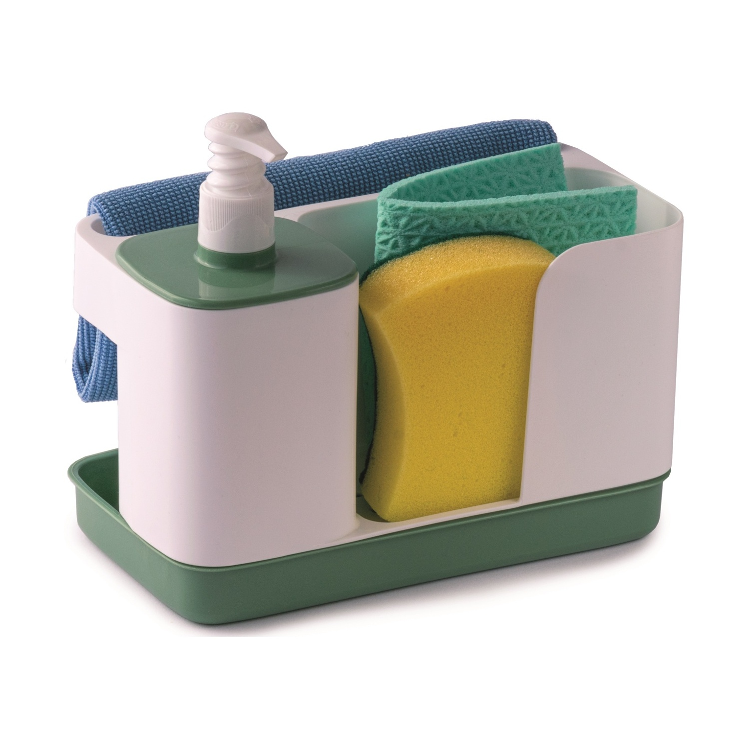 Un supporto bianco e verde contiene una spugna gialla, spugne verdi, un panno blu e un dosatore di sapone.