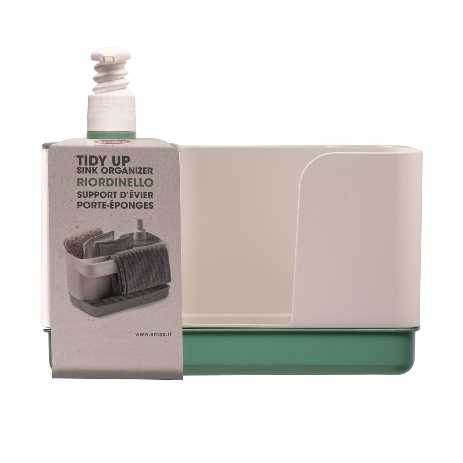 Organizzatore per lavello con dispenser di sapone, porta spugne e porta asciugamani. Plastica bianca e verde, testo: Tidy Up Sink Organizer.
