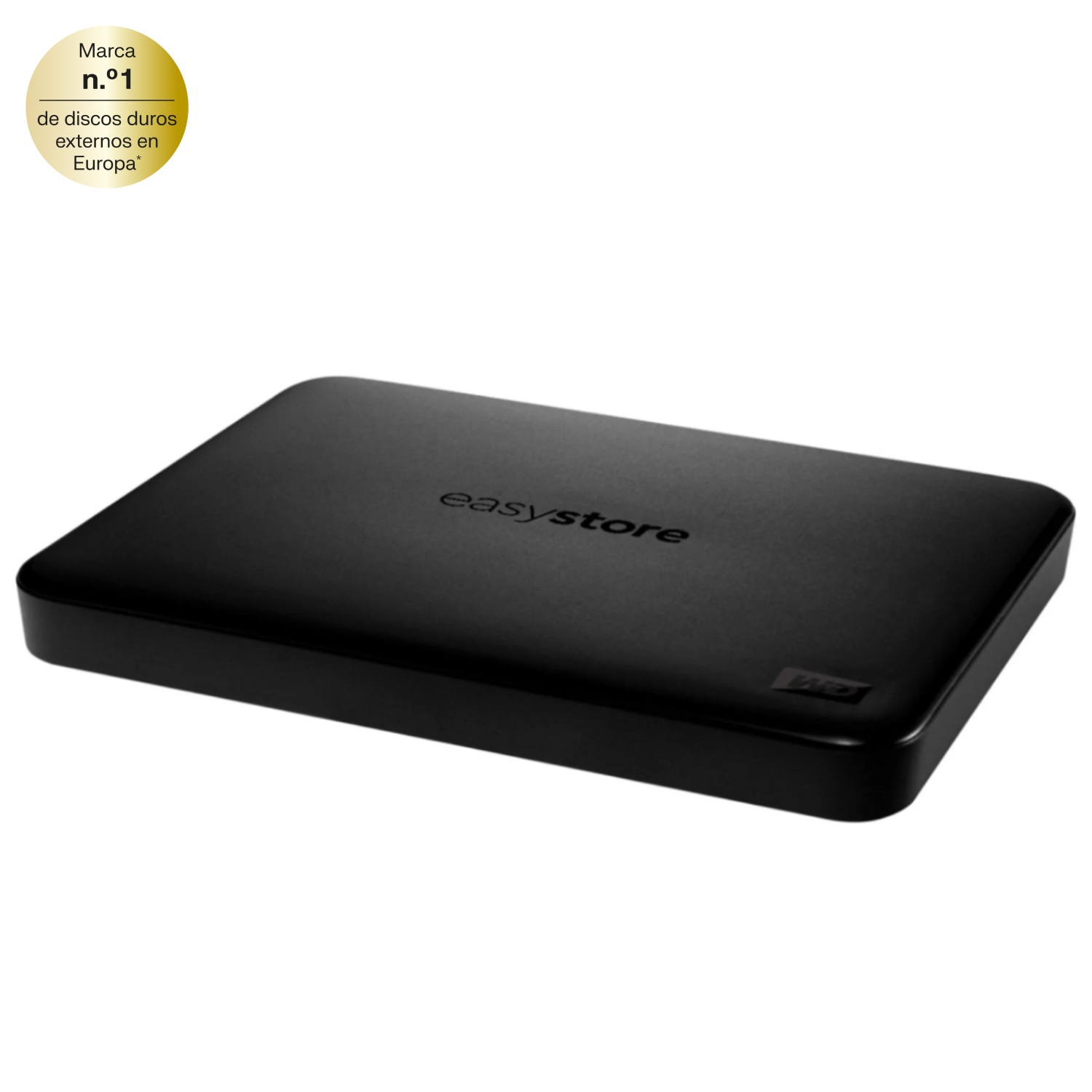 Un disco duro externo negro con 'easystore' impreso. Una insignia que dice marca numero uno de discos duros externos en Europa