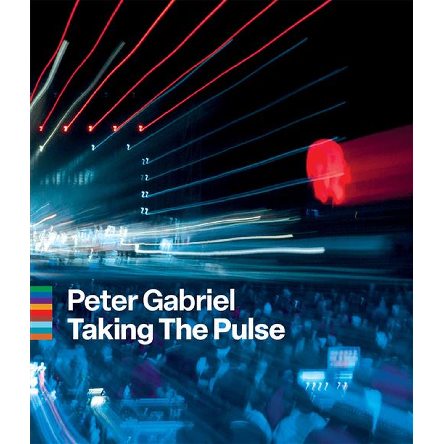 Album cover. Peter Gabriel, Taking The Pulse. Audience with blurred lights. Red and blue streaks. Dark background, colorful logo.
