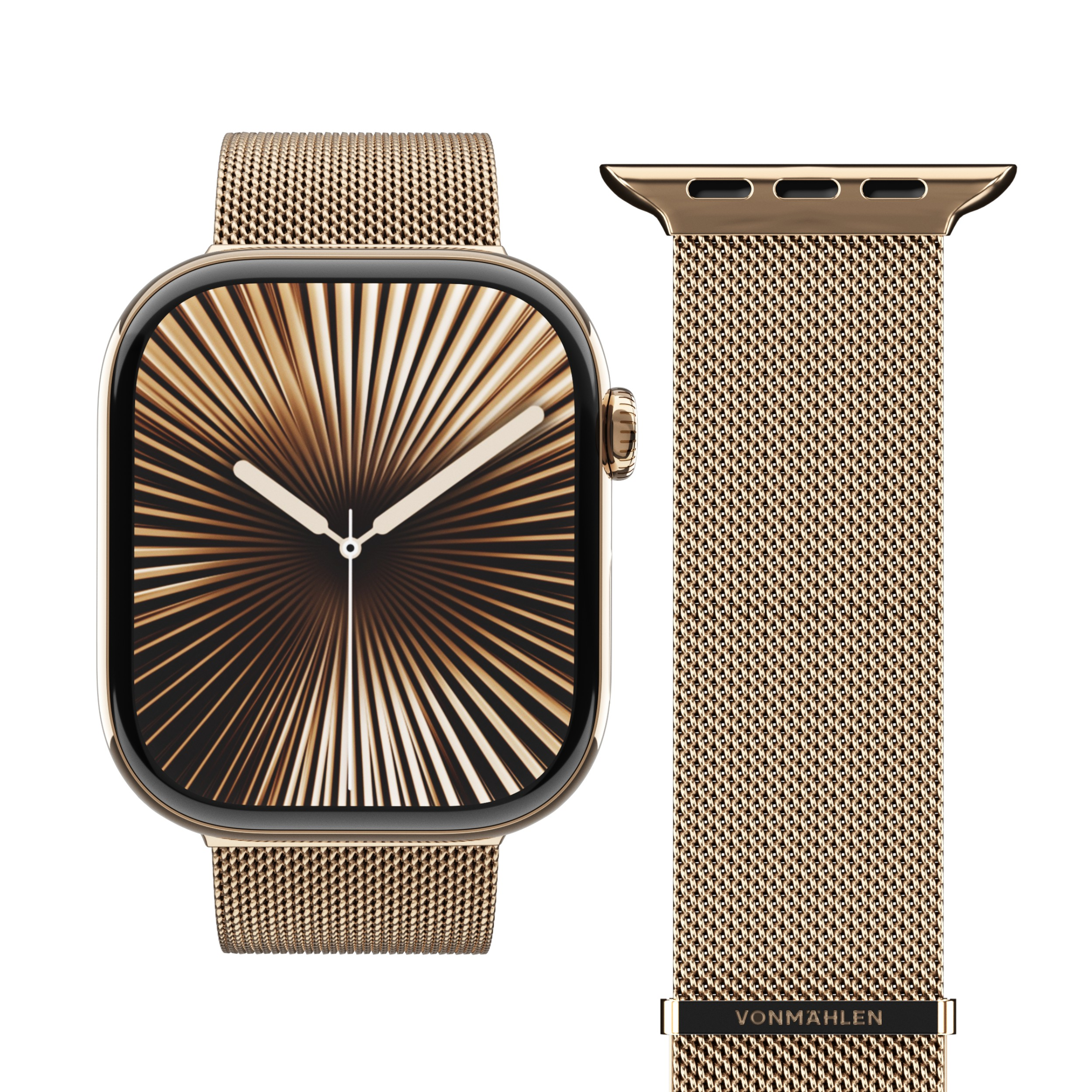 Goldene Apple Watch mit passendem Mesh-Armband, das Zifferblatt hat ein Sonnenstrahl-Design.