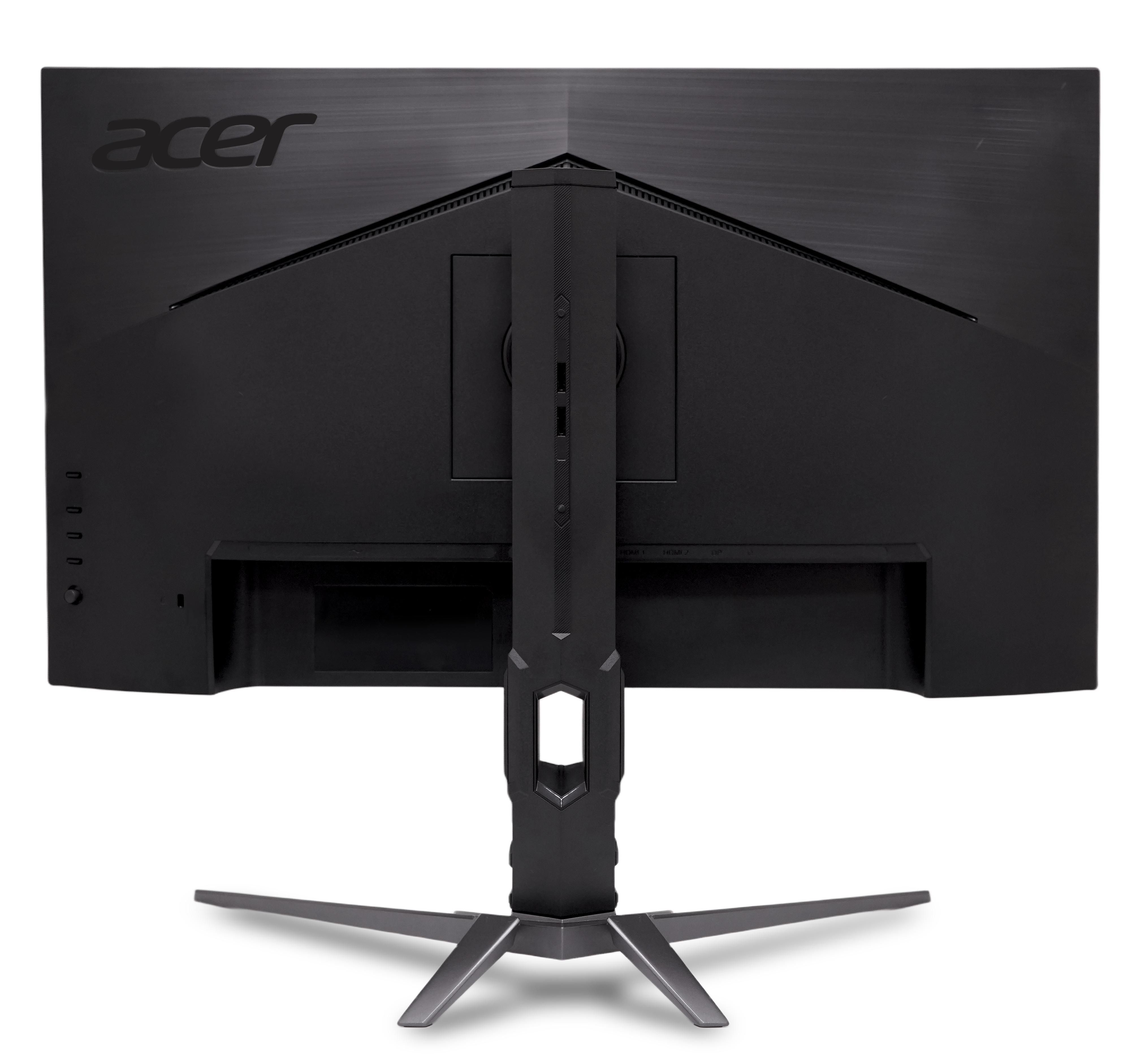 Rückansicht eines schwarzen Acer-Monitors. Er hat einen Ständer und Anschlüsse. Das Acer-Logo befindet sich oben.