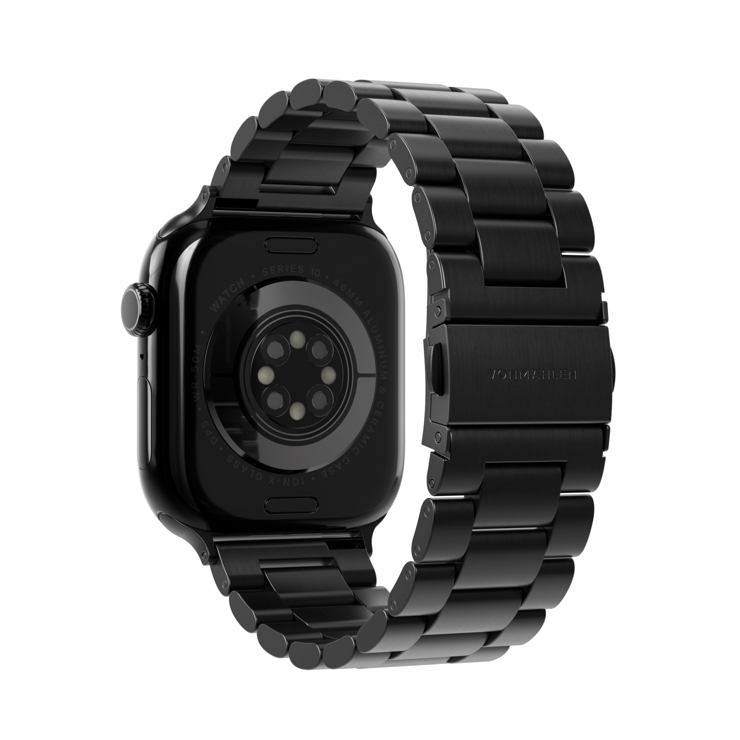 Eine schwarze Apple Watch Series 10 mit einem schwarzen Metallarmband auf weißem Hintergrund. Das Band trägt die Aufschrift VONMAHLEN.