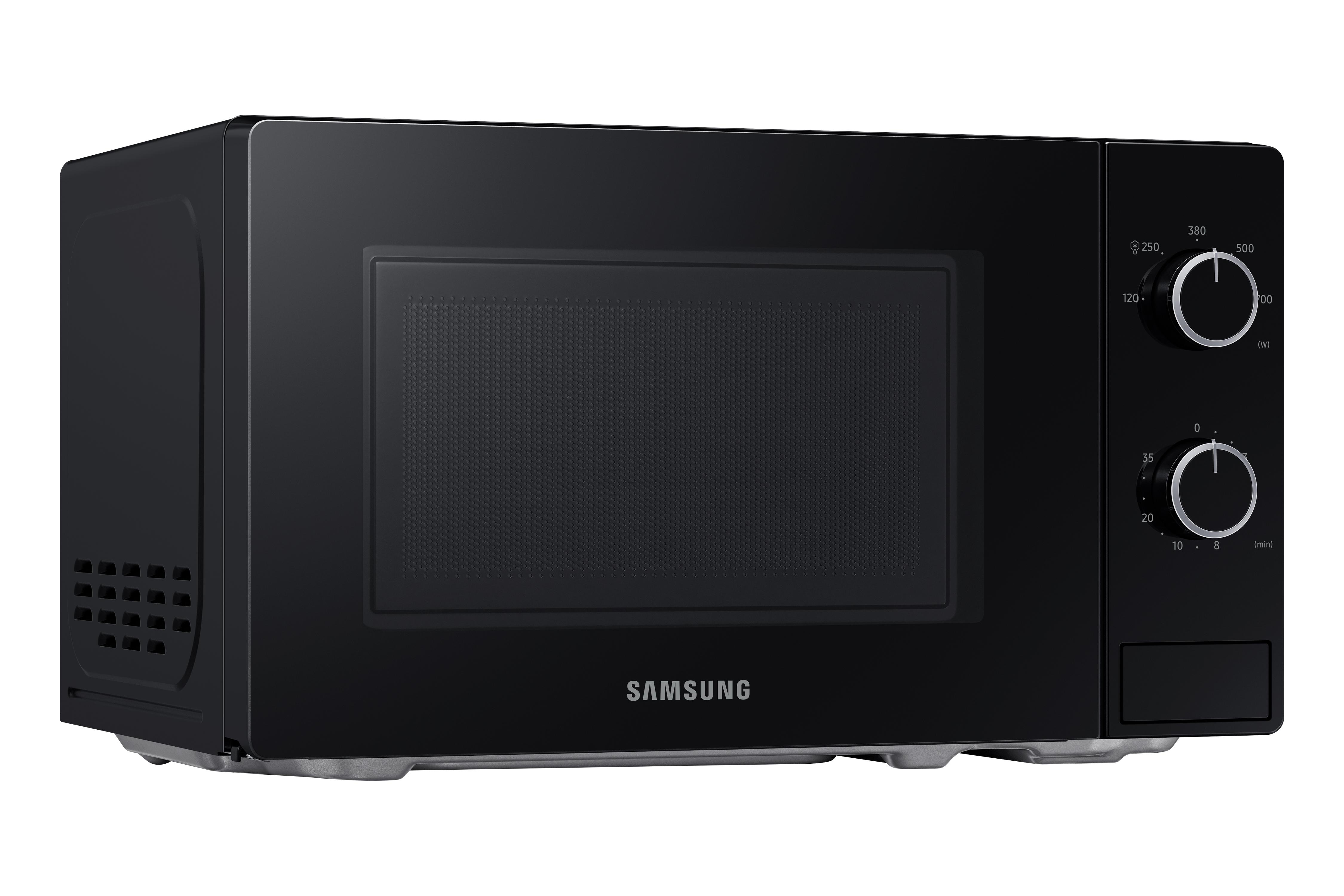 Ein schwarzes Samsung-Mikrowellengerät. Es hat eine Tür, ein Bedienfeld mit Drehknöpfen und eine Lüftung. Der Markenname ist sichtbar.