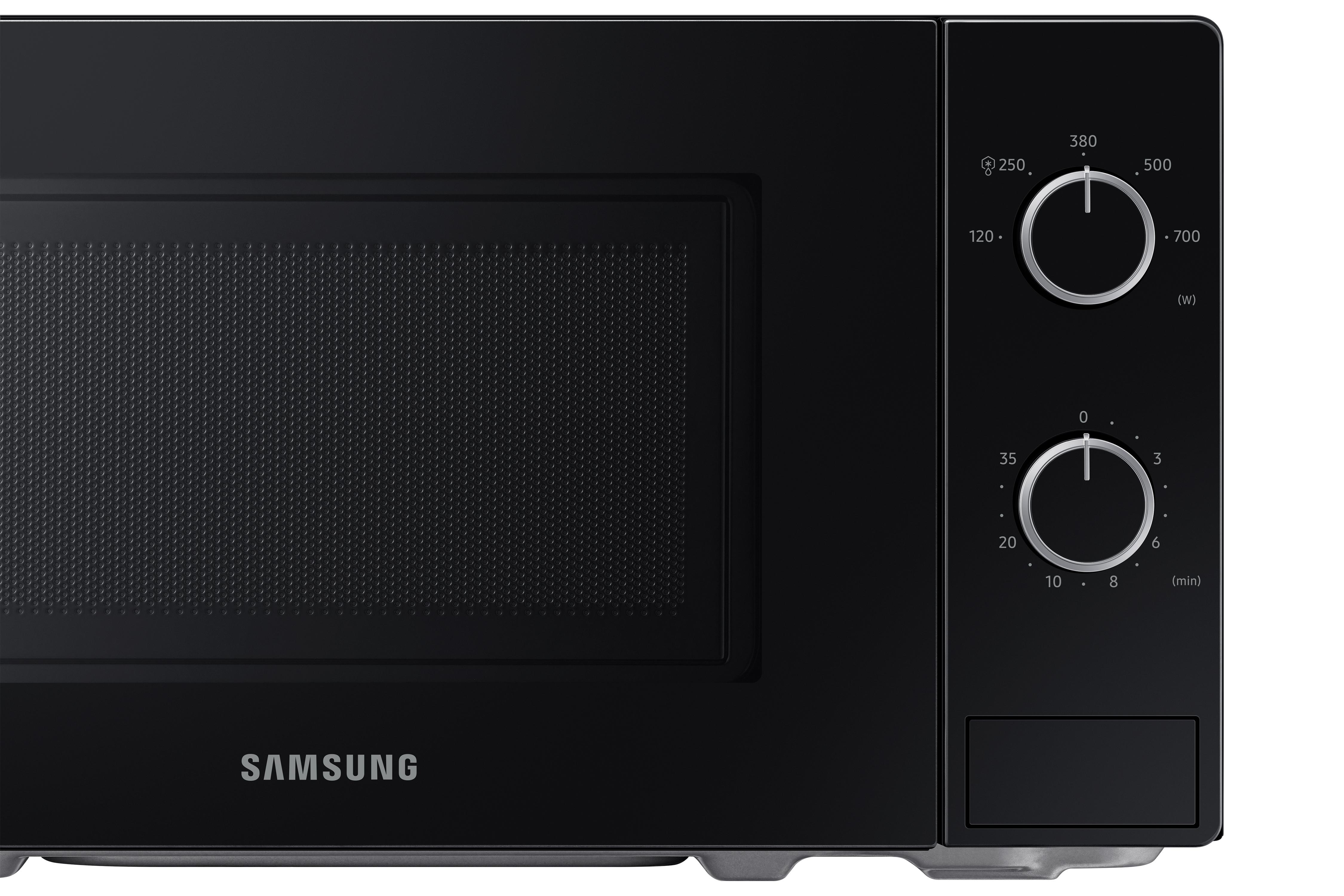 Ein schwarzer Samsung-Mikrowellenherd. Er hat Drehregler für Leistung und Zeit. Der Markenname ist sichtbar.