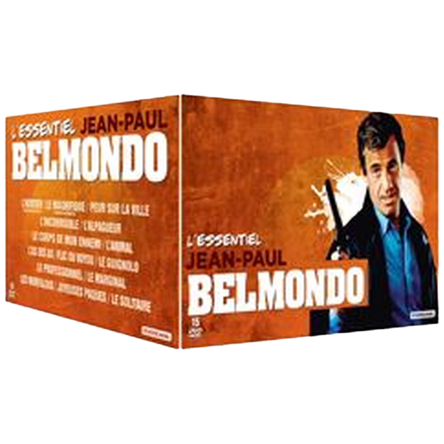 Un coffret DVD avec Jean-Paul Belmondo. La couverture présente sa photo et le titre "L'Essentiel Jean-Paul Belmondo".