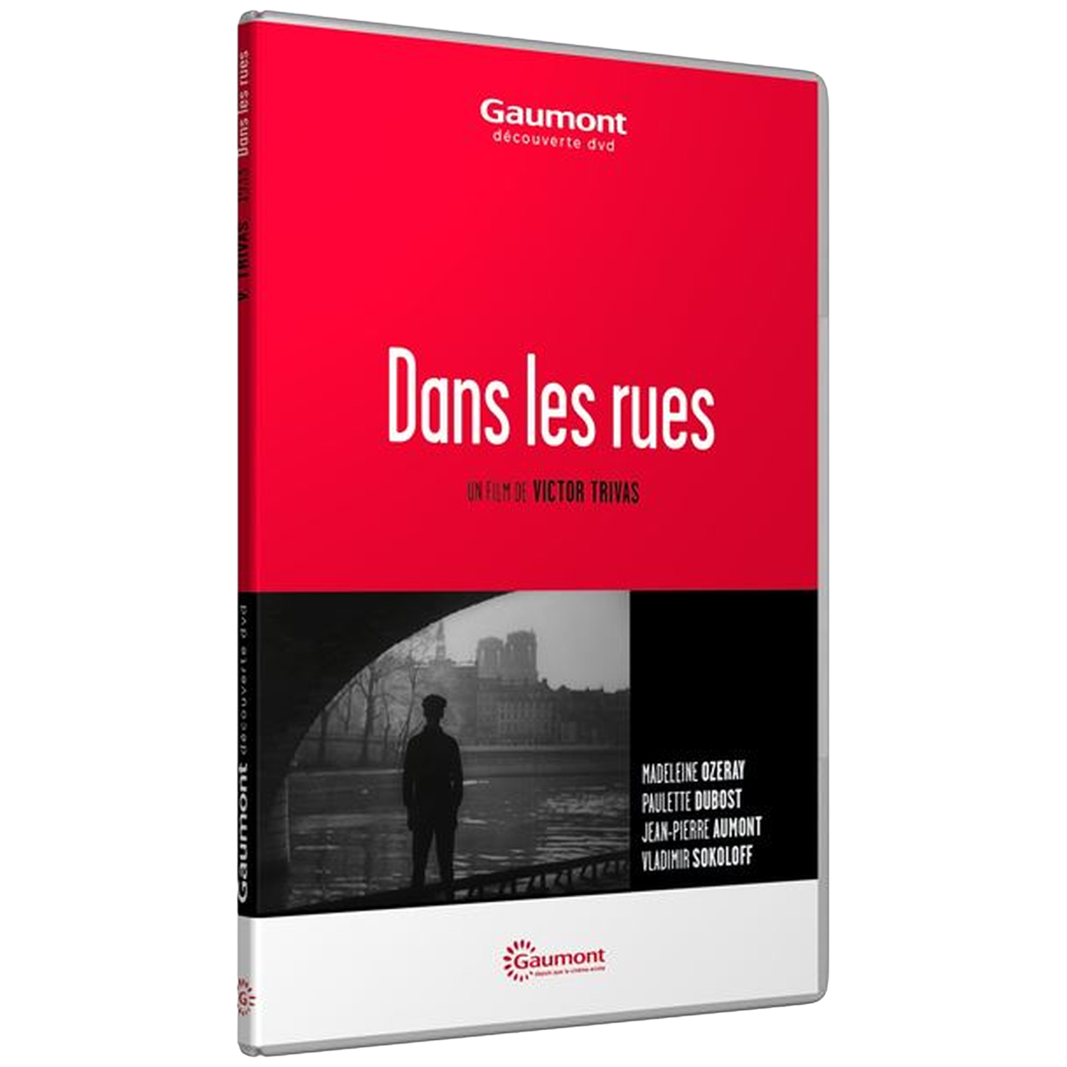 Jaquette DVD de "Dans les rues". Haut rouge avec titre. En dessous, image en noir et blanc d'un homme sous un pont.