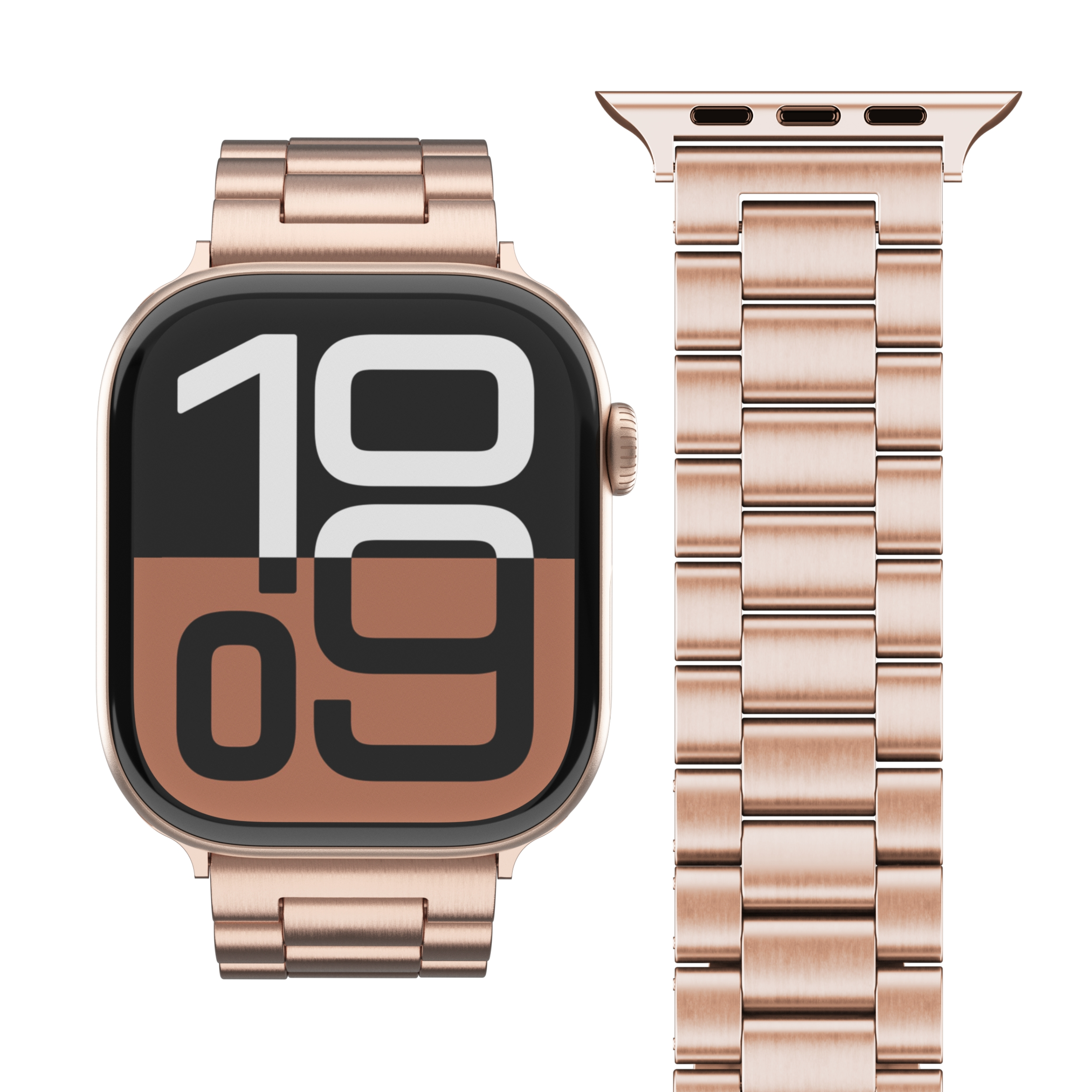 Roségoldene Apple Watch mit Armband. Das Zifferblatt zeigt die Uhrzeit 19:09 an. Das Armband ist abgenommen und rechts.
