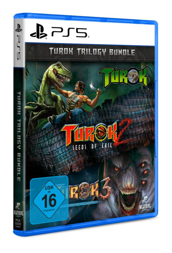 Eine PS5-Spielhülle, 'Turok Trilogy Bundle', zeigt einen Dinosaurier, einen Krieger und die Spieletitel 'Turok 2' und 'Turok 3'.