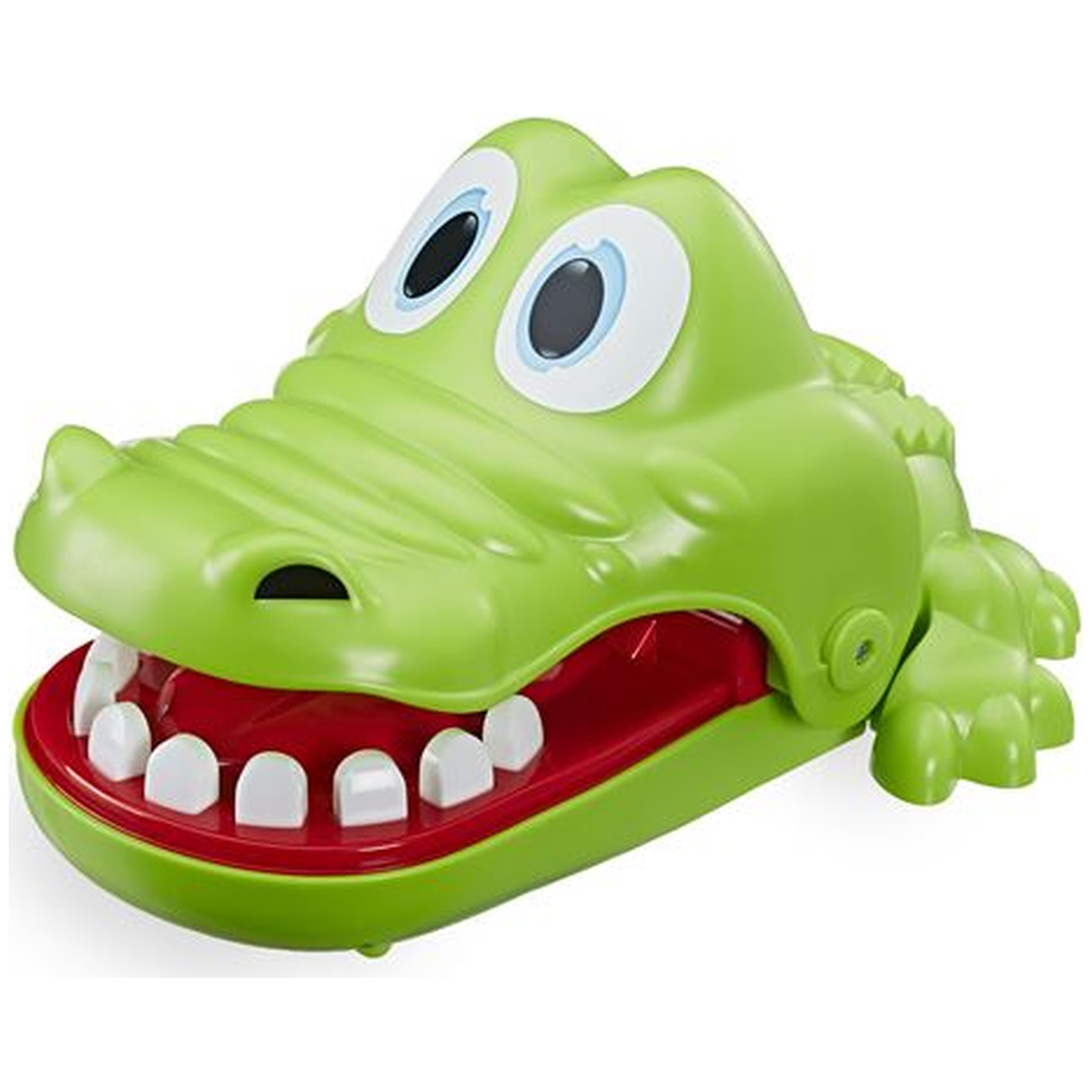 A green plastic crocodile toy with a red mouth and white teeth. It has large eyes and is designed for children's play.
