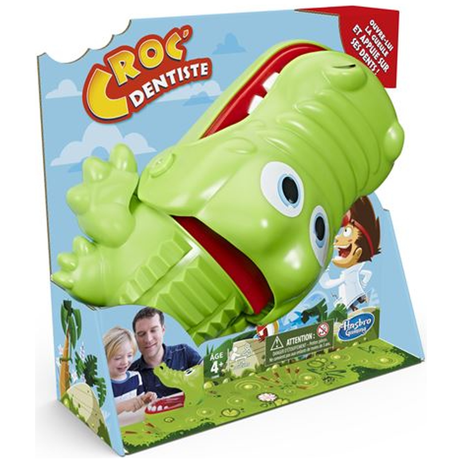 A green crocodile dentist toy with a red mouth. The box shows a child and an adult playing the game, with a cartoon character.