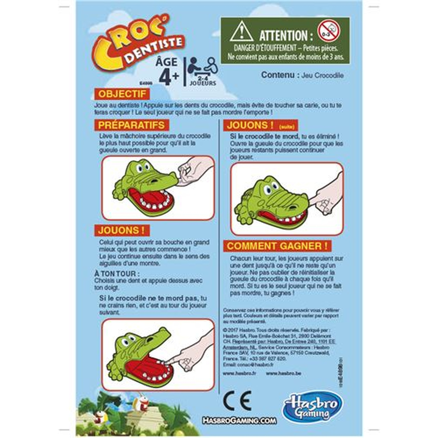 Box of a crocodile dentist game. It shows instructions and a picture of a green crocodile with red mouth.