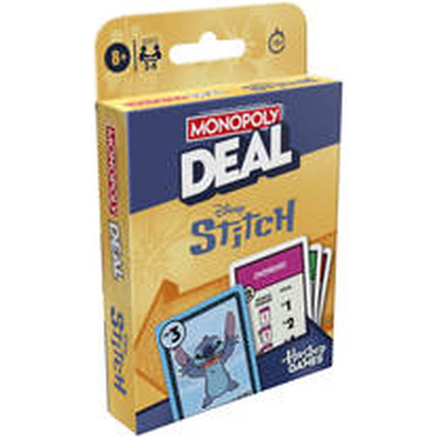 Monopoly Deal Disney Stitch card game box. Features Stitch card and other game cards. Box is yellow, blue, and white.