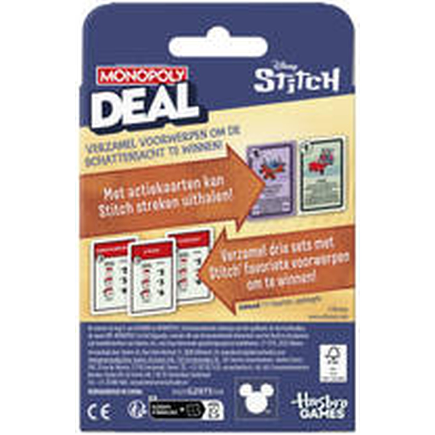 Back of a Monopoly Deal Stitch card game box. It has text and images of cards, Disney's Stitch, and Hasbro Games logos.