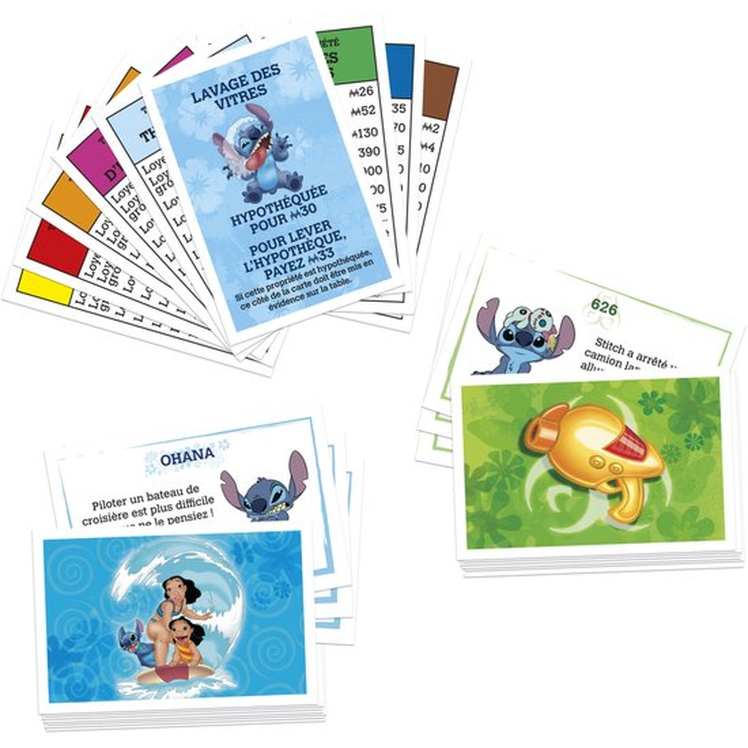 Various Disney Monopoly cards. Stitch and other characters are featured on the cards. Cards are in French and English.