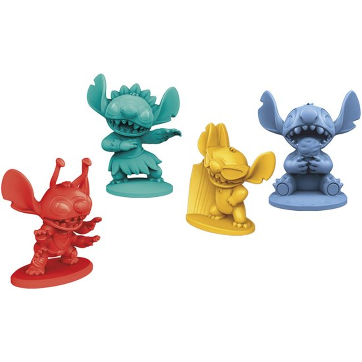 Four Stitch figurines in red, teal, yellow, and blue. They are standing on different color bases, all with toothy smiles.