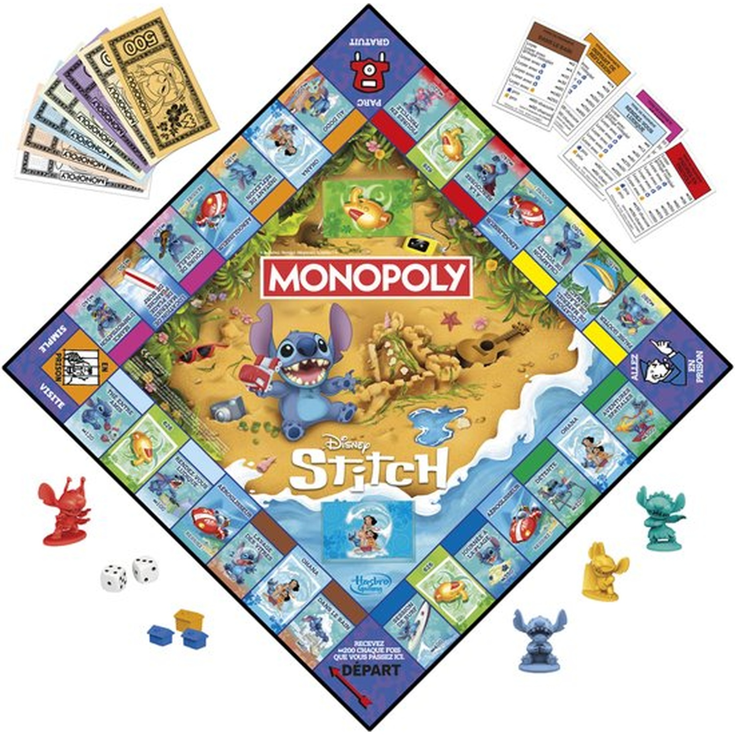 Disney Stitch Monopoly board game. Features Stitch, various game pieces, dice, money, and property cards.