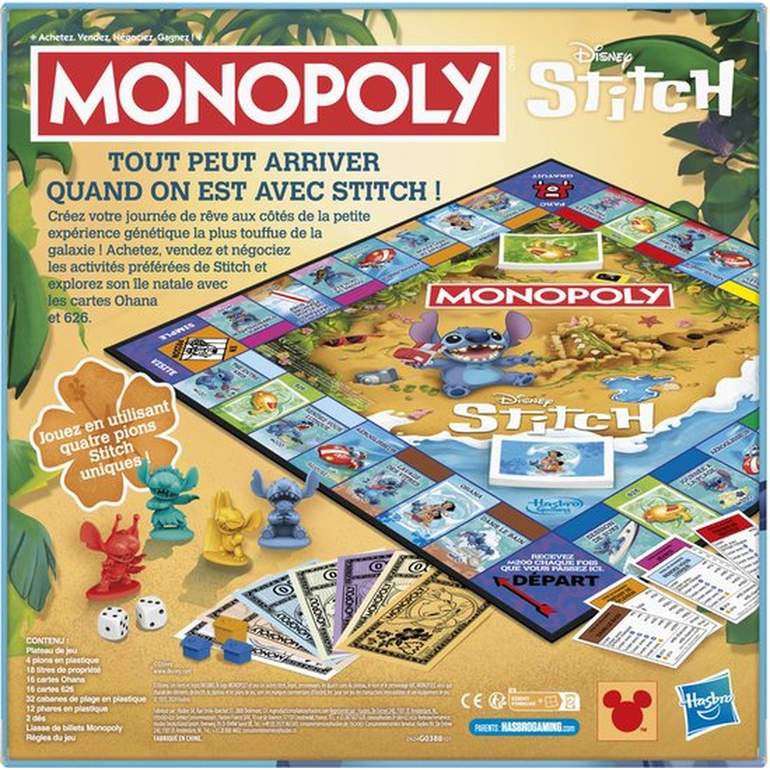 Monopoly Stitch board game. Board shows Stitch characters, game pieces, cards, and dice. The box is colorful.