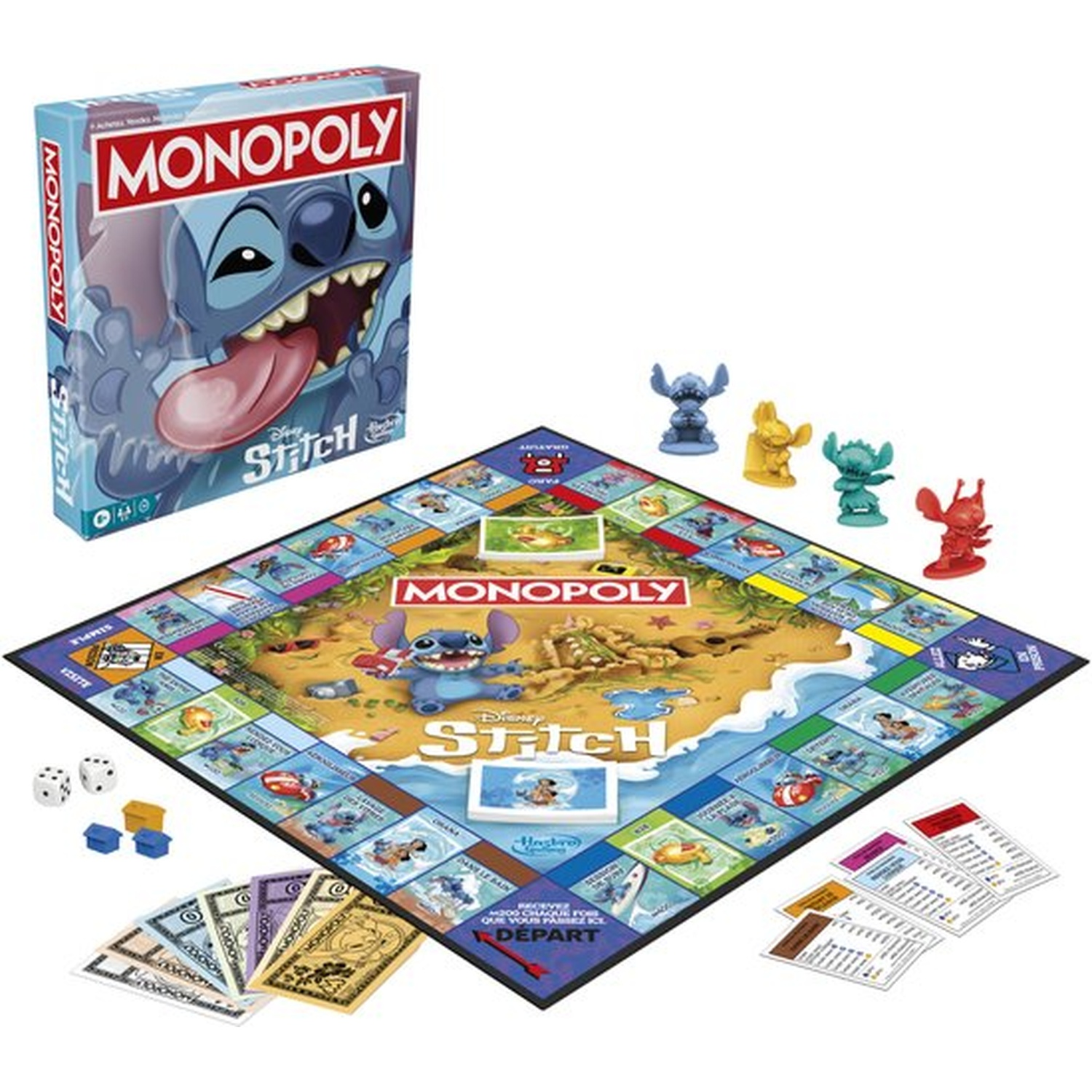 A Monopoly board game with a Stitch theme. Includes the board, game pieces, dice, money, and cards. The box features Stitch's face.
