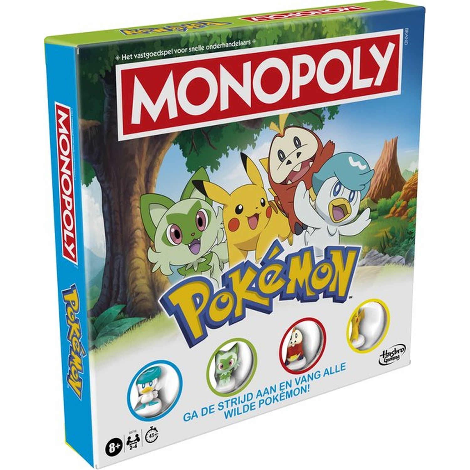 Monopoly Pokemon bordspel doos. Beschikt over personages als Pikachu. De doos is voornamelijk wit, rood en blauw.