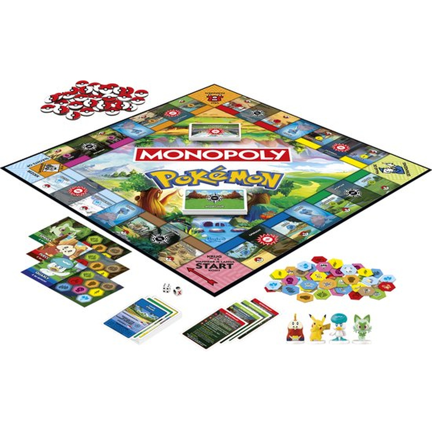 Monopoly Pokémon bordspel. Inclusief bord, kaarten, dobbelstenen, fiches en figuren. Met Pikachu en andere Pokémon-personages.