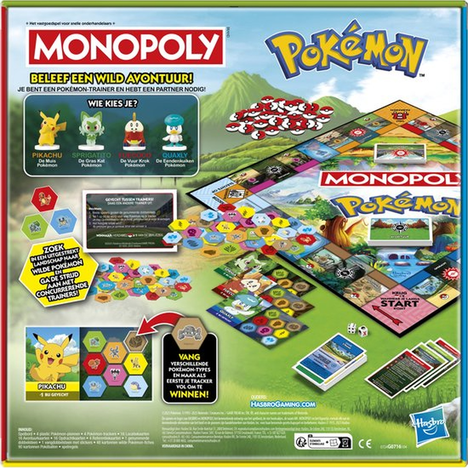 Monopoly Pokémon bordspel. Bord toont spelstukken, kaarten, dobbelstenen en een Pikachu figuur. De doosafbeelding is zichtbaar.