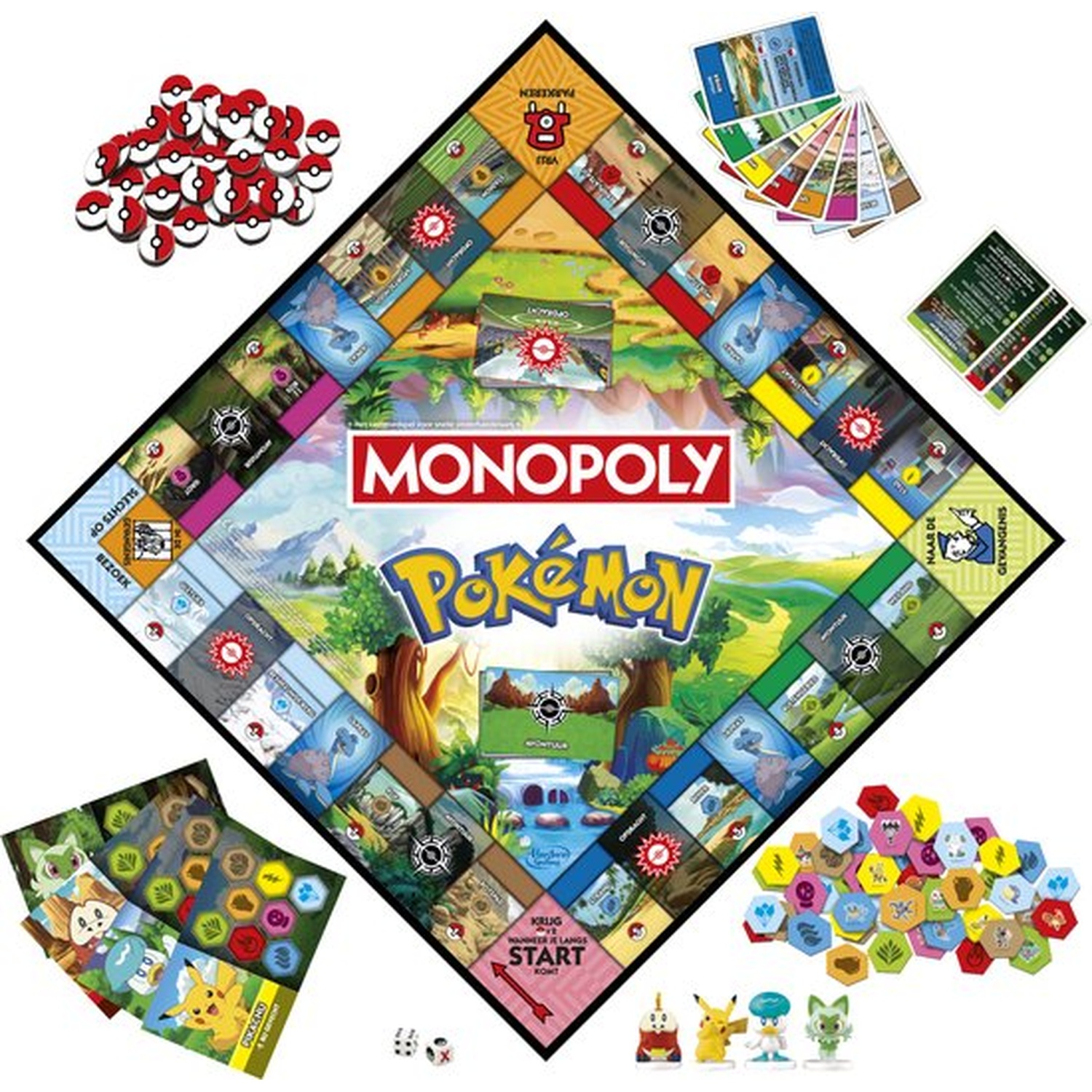 Een Monopoly bordspel met Pokémon-personages. Inclusief pionnen, kaarten, dobbelstenen en spelermarkers. Het bord heeft kleurrijke vakken.