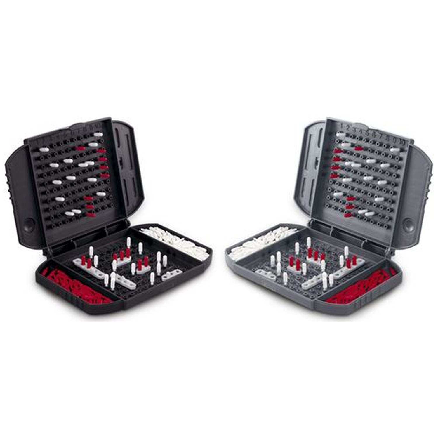 Two Battleship game boards are open, showing grids with white and red pegs, and storage for pegs. Black and gray cases.