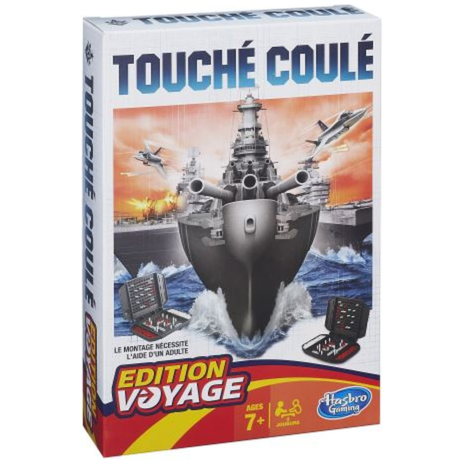 Box art for Touche Coule, a Hasbro board game. It features a battleship illustration, jets, and the game's title in bold letters.