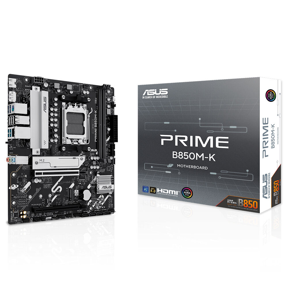 Siyah bir ASUS Prime B850M-K anakart, kutusunun yanında. Kutu, ürün adını ve özelliklerini gösteriyor.