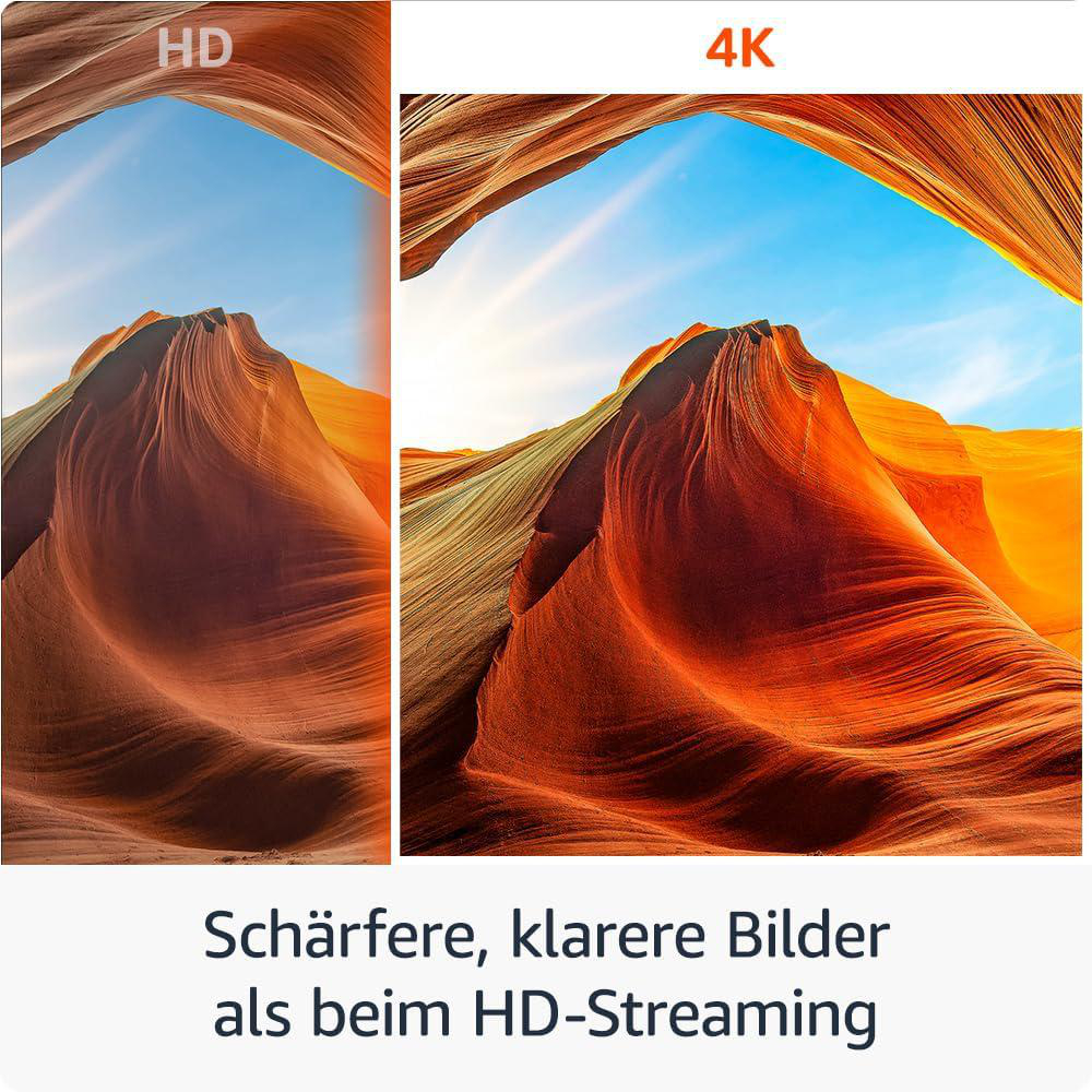 Vergleich von HD- und 4K-Bildern. Das 4K-Bild ist schärfer und zeigt geschichtete Felsformationen vor blauem Himmel.