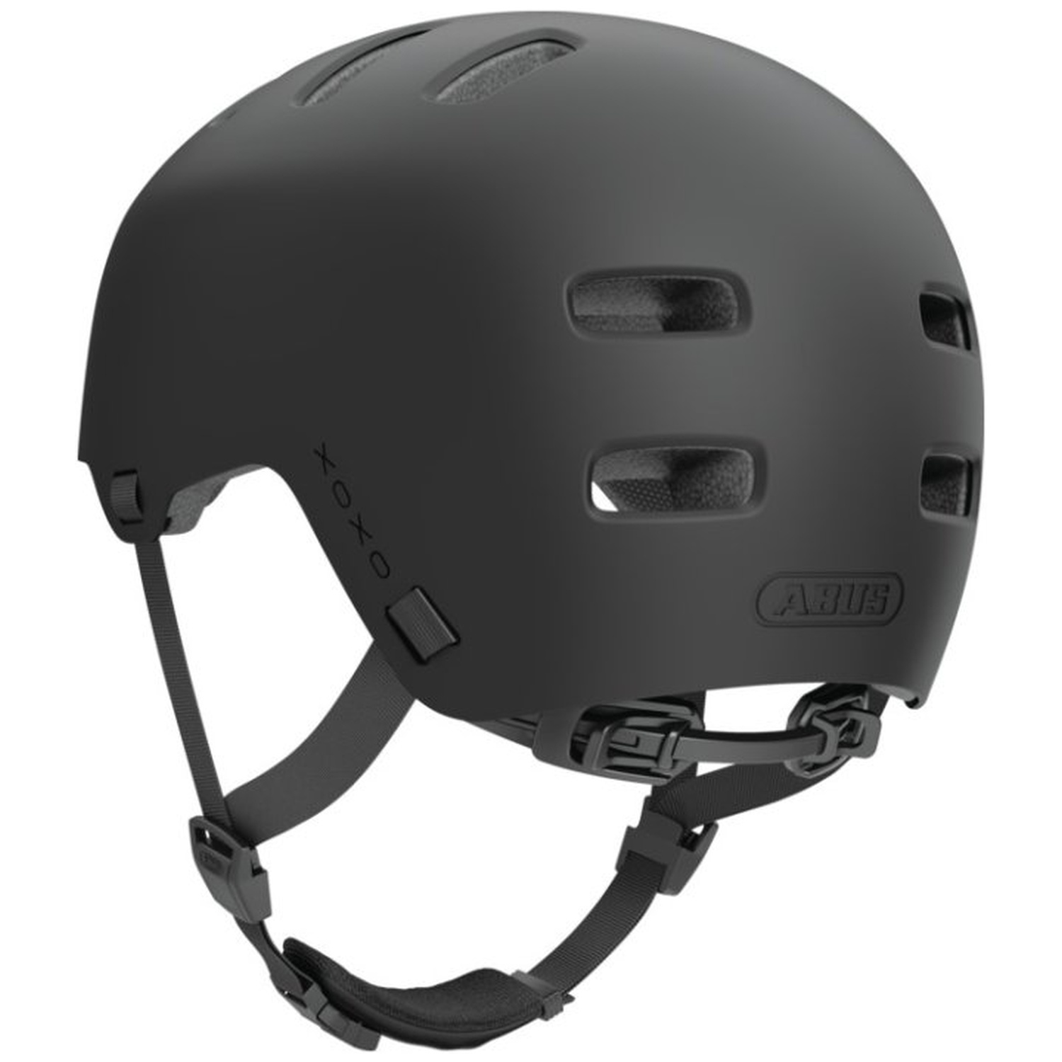 A black bicycle helmet with the ABUS logo. It has ventilation holes and adjustable straps. The helmet is on a white background.