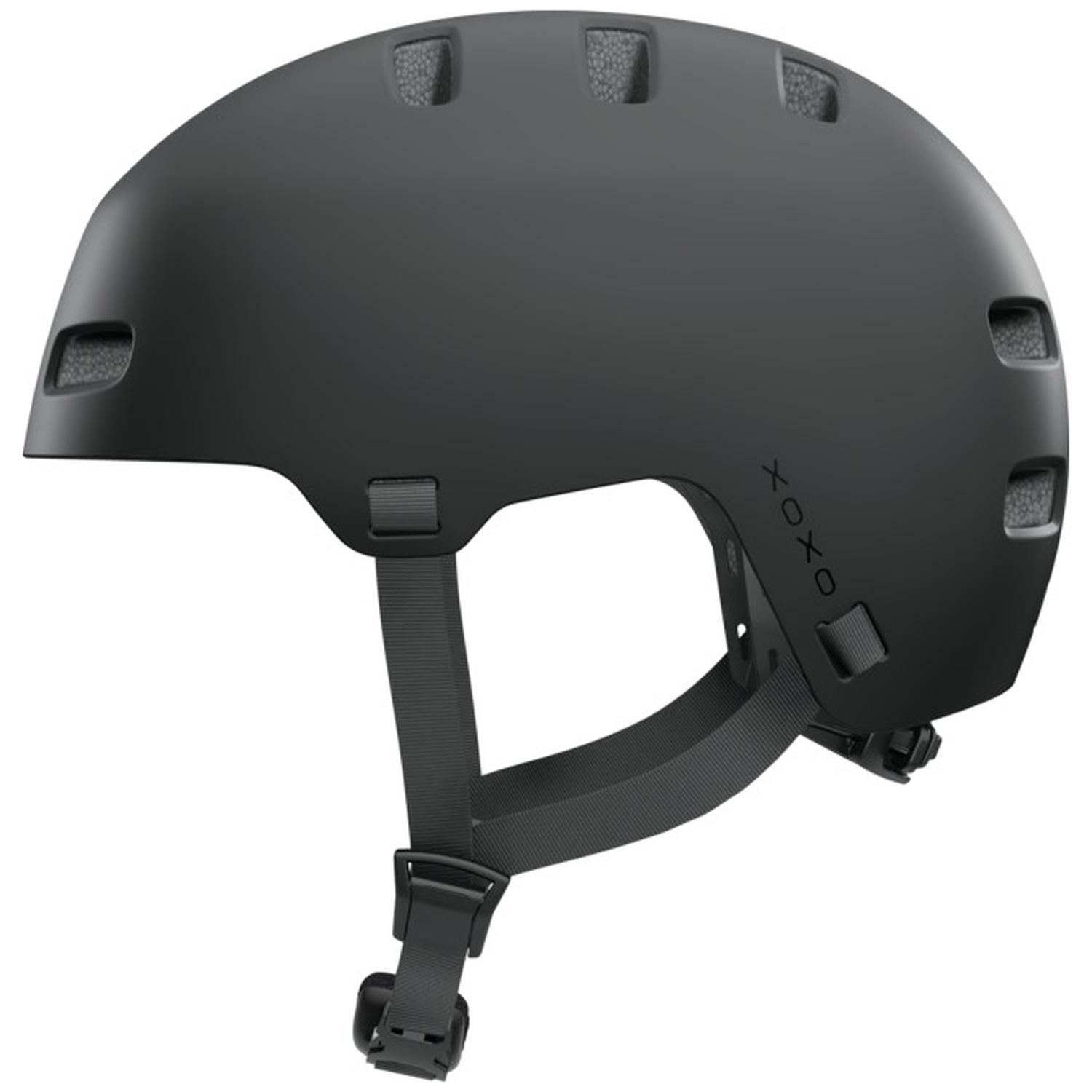 A black bicycle helmet with a strap and buckle, featuring the word 'xoxo' on the side.