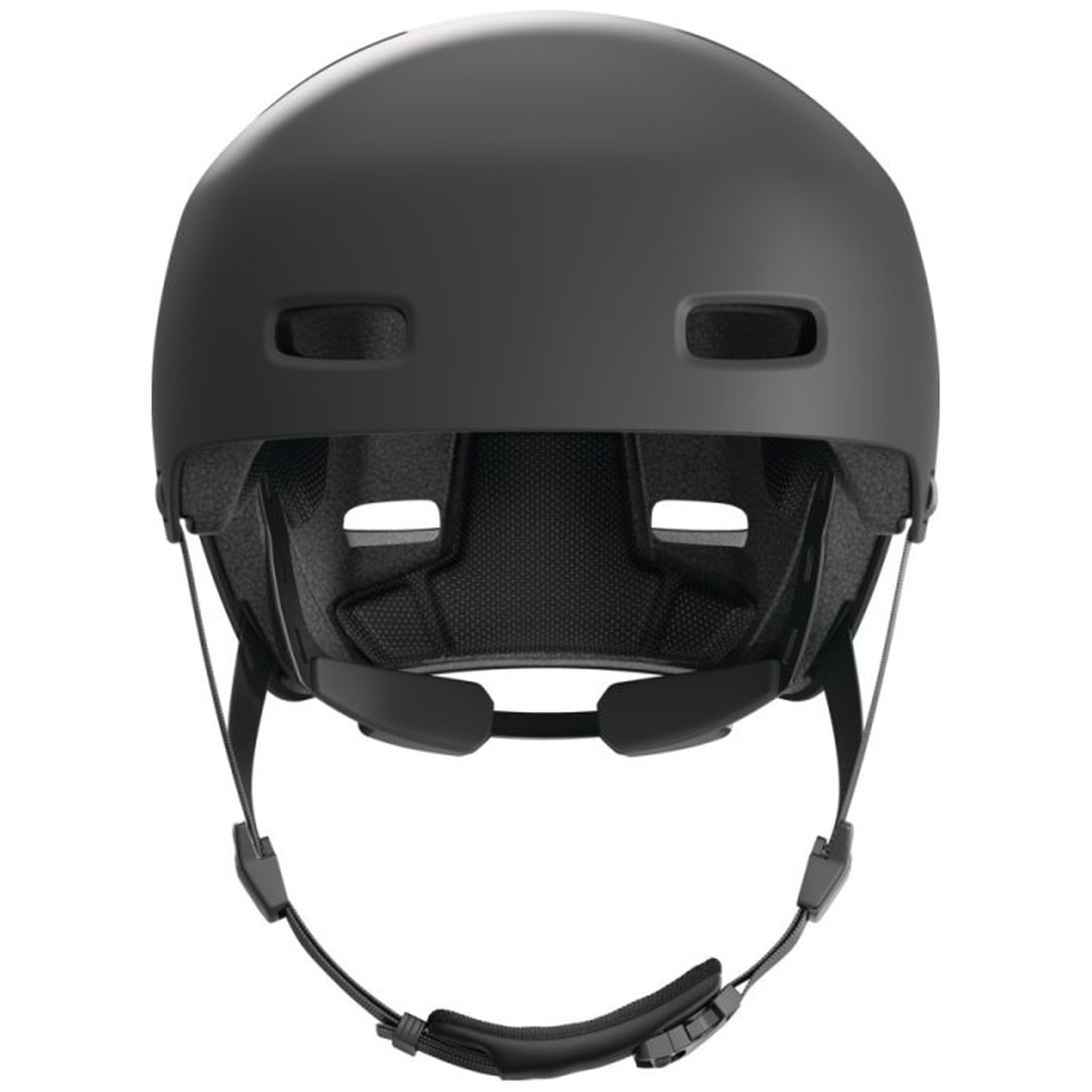A matte black bicycle helmet, front view. It has ventilation holes, a chin strap, and inner padding. Isolated on white.