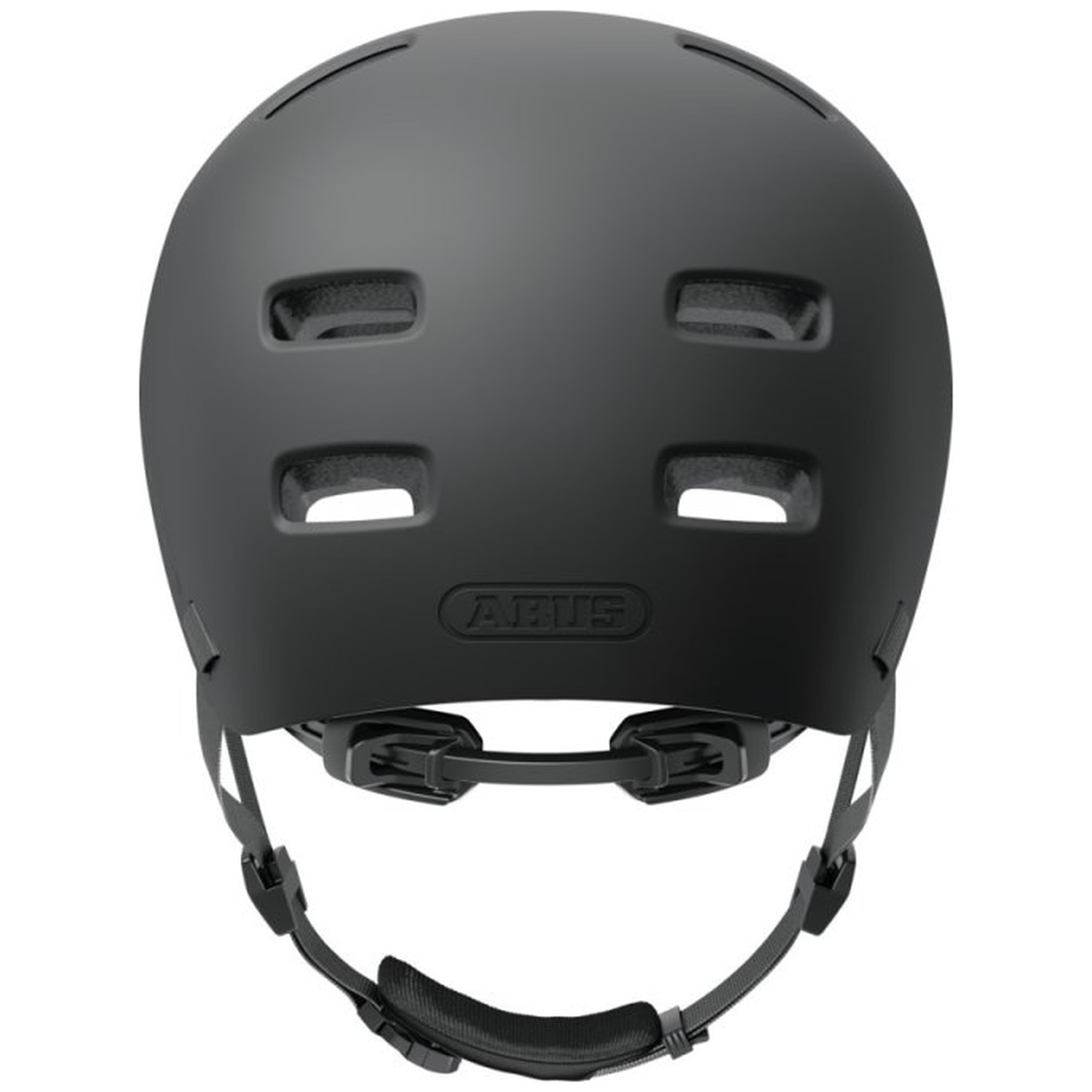 A matte black bicycle helmet with four ventilation holes on top and the brand name ABUS. Adjustable straps and buckle are visible.