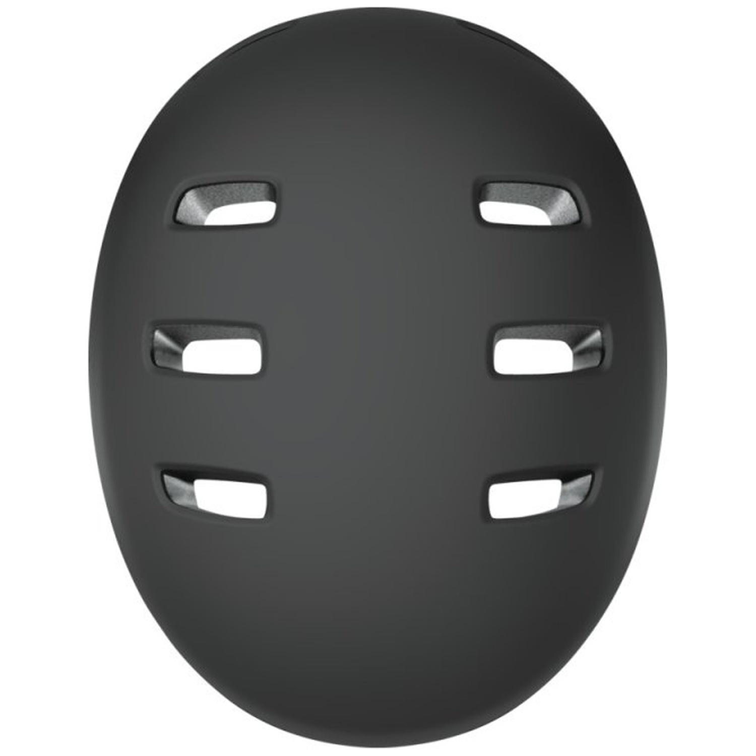 A dark gray bicycle helmet with six ventilation holes. The helmet is oval-shaped.