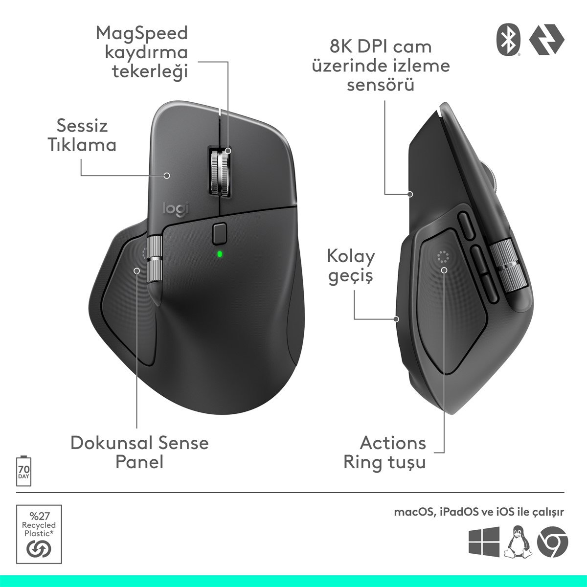 Çoklu düğmeleri, kaydırma tekerleği ve dokunmatik paneli olan siyah bir Logitech fare. Fare, Türkçe metinle etiketlenmiştir.