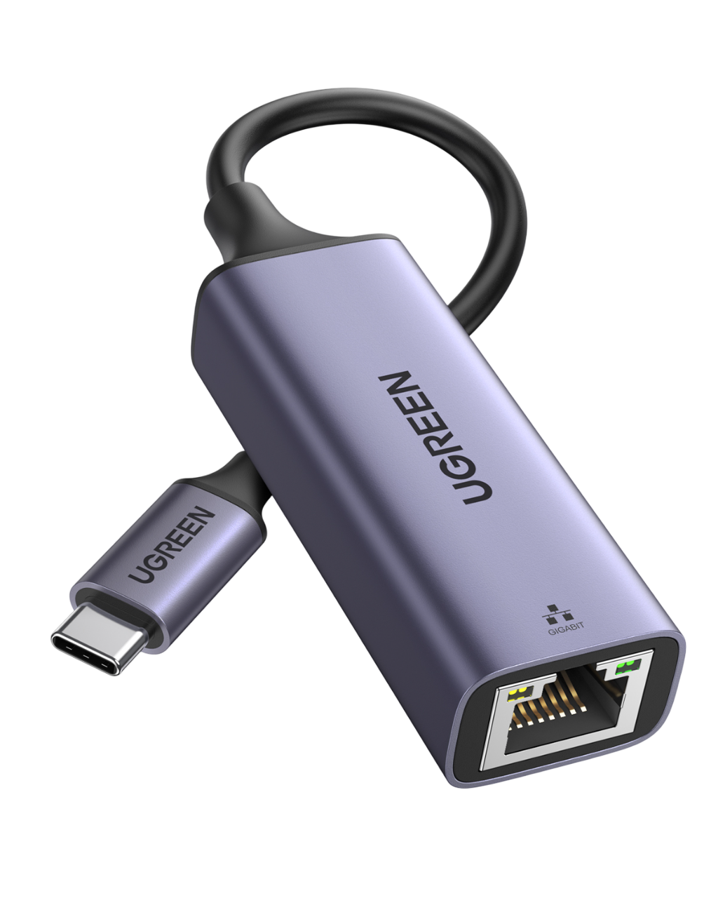 Bir UGREEN USB-C - Gigabit Ethernet adaptörü. Mor renkte, siyah kablolu ve UGREEN logosu var. Gigabit portuna sahip.