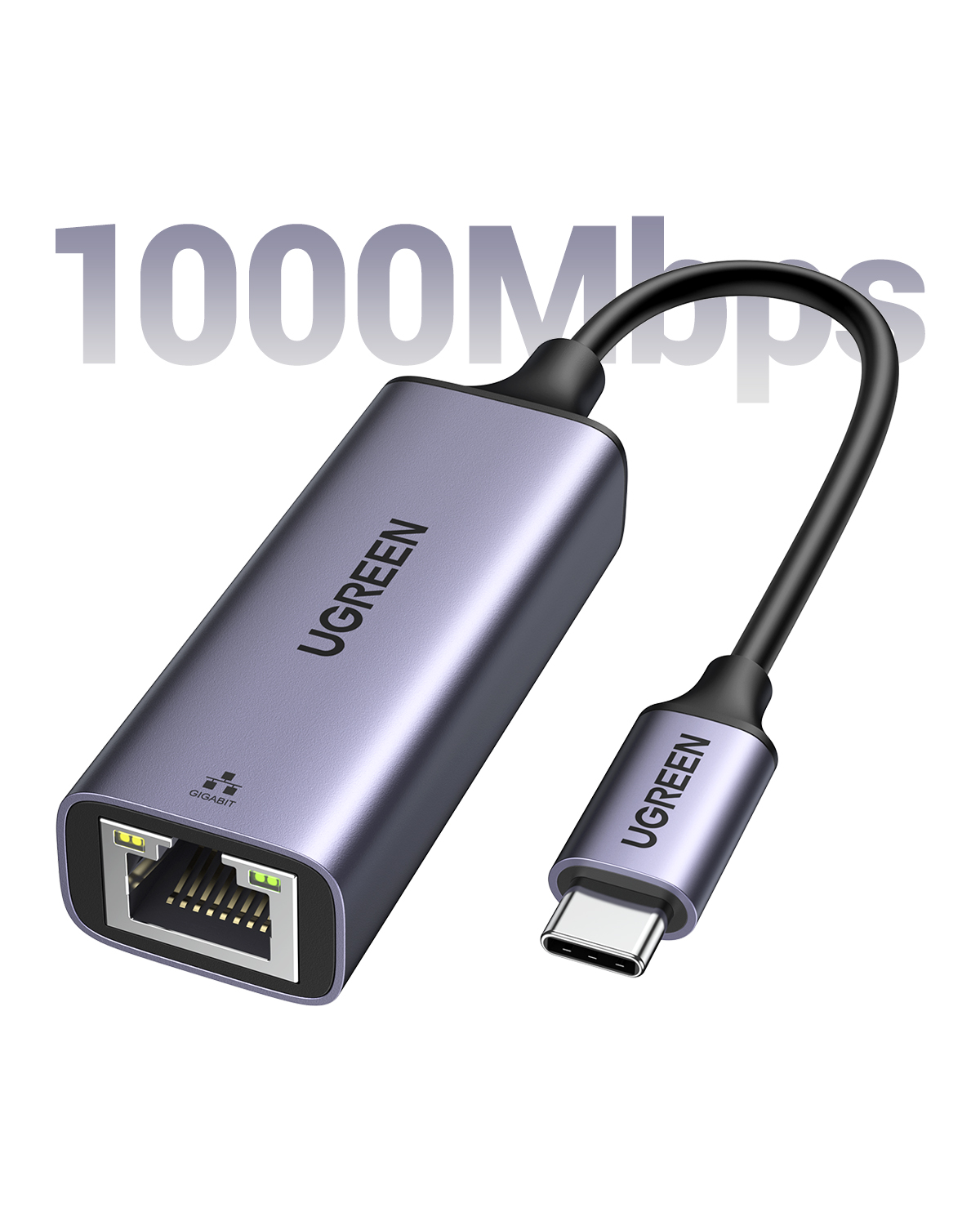 USB-C konektörlü UGREEN Gigabit Ethernet adaptörü. Adaptör gri renkte, siyah kablolu ve 'UGREEN' yazılıdır.