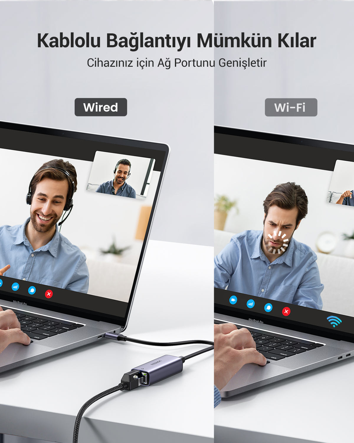 İki dizüstü bilgisayar, biri kablolu, diğeri Wi-Fi olmak üzere görüntülü görüşmeler gösteriyor. Bir kablo, kablolu dizüstü bilgisayarı bir ağ adaptörüne bağlar.