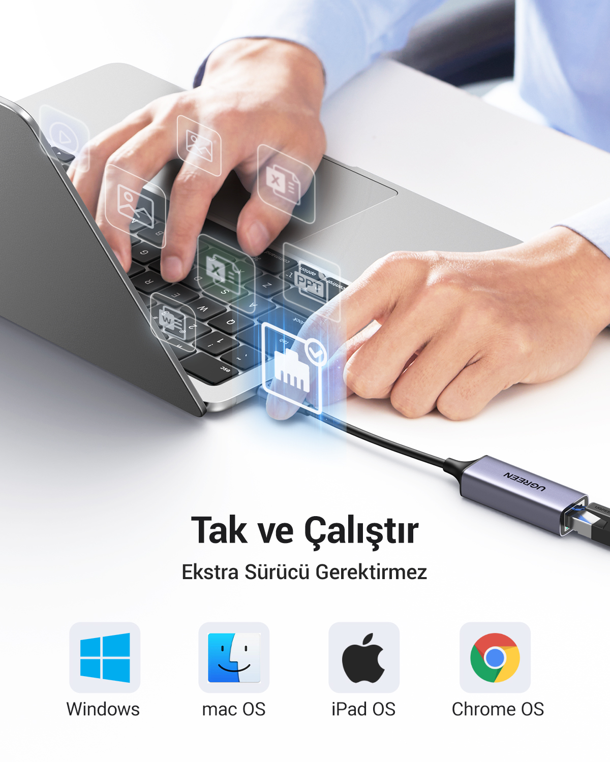 İkonlarla bir dizüstü bilgisayar klavyesinde eller. Bir UGREEN adaptörü bağlı. Aşağıda Windows, macOS, iPad OS ve Chrome OS logoları bulunmaktadır.