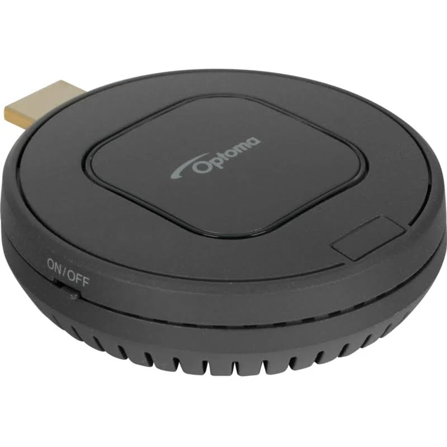 A black Optoma device with a gold-colored HDMI connector. It has an on/off button and a logo. The device is circular.